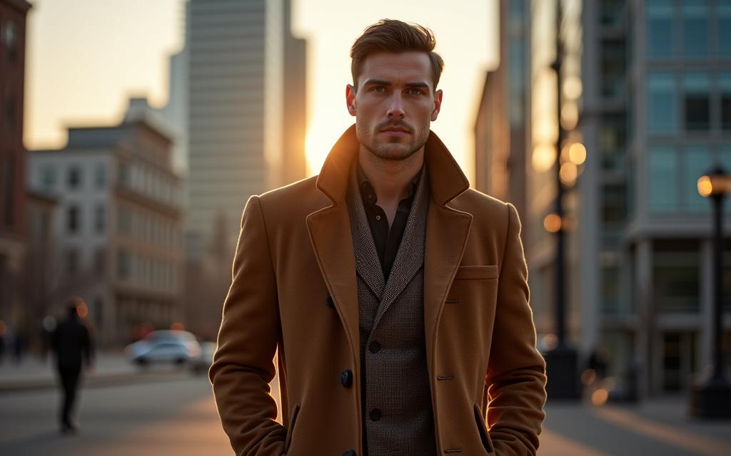 Стильный мужчина в дизайнерском пальто на фоне архитектуры Торонто.