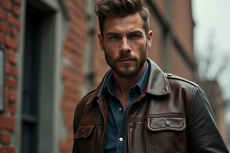 Мужчина в винтажной кожаной куртке.
