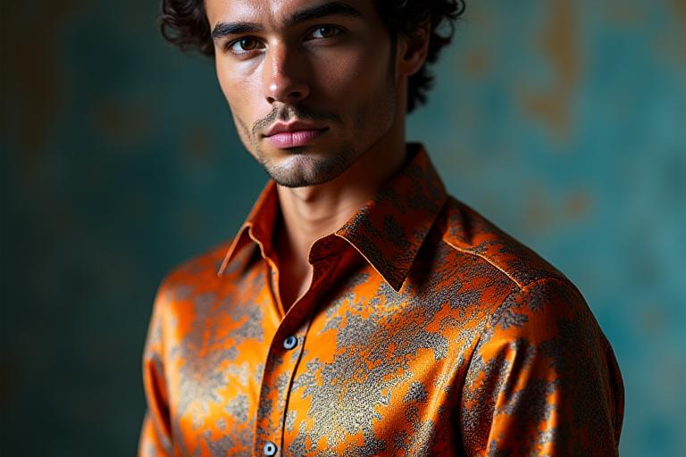 Мужчина в шелковой рубашке с узором.