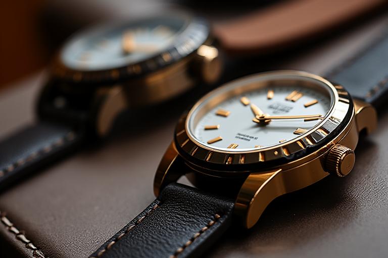 Крупный план стильных мужских аксессуаров: часы и браслет.